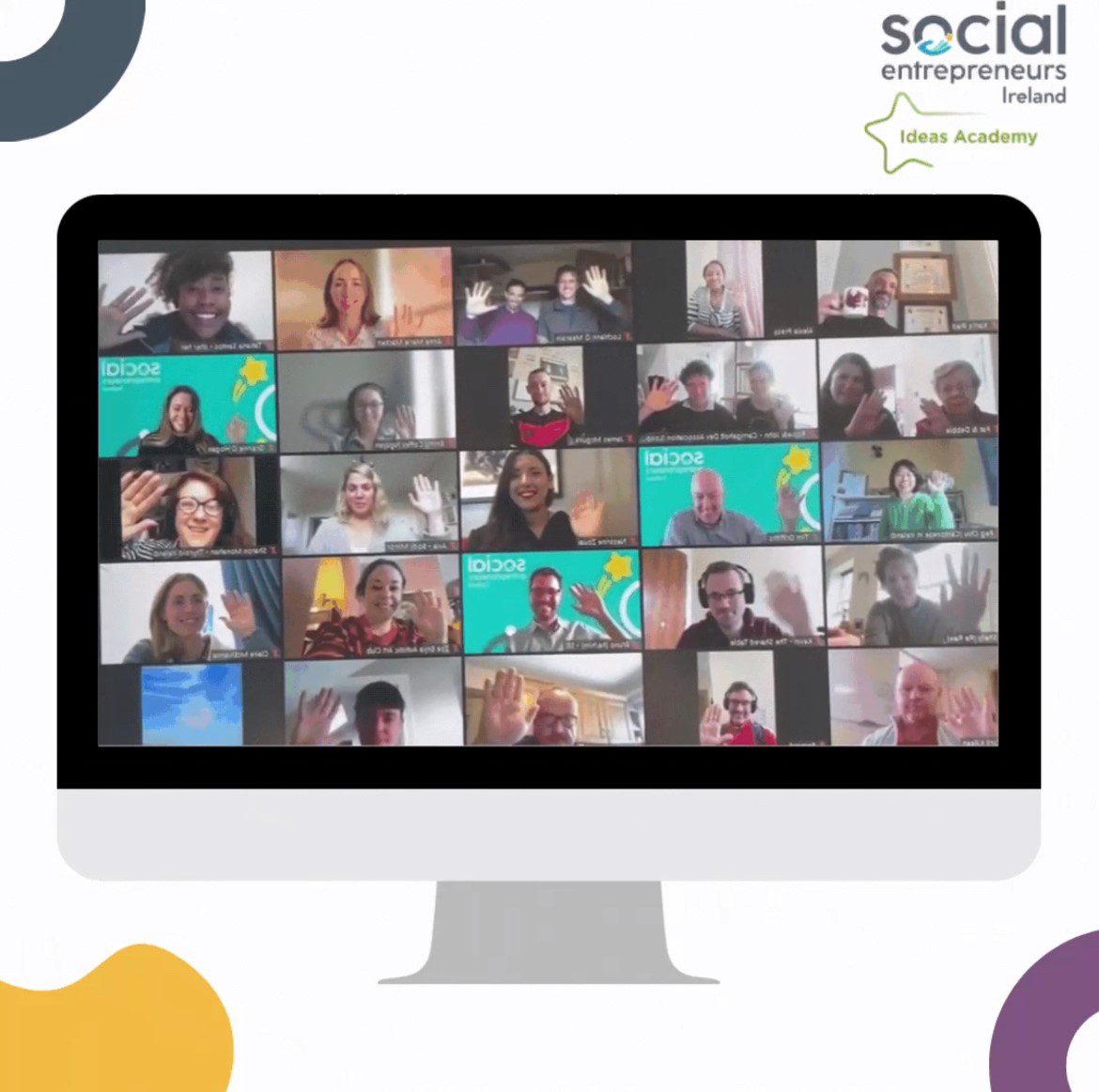 Screenshot of all the Ideas Partipants waving in gallery view on Zoom